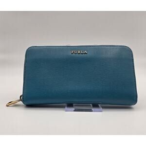 Furla Blue Zip Around Wallet Saffiano Leather Long Wallet Gold Logo Italy